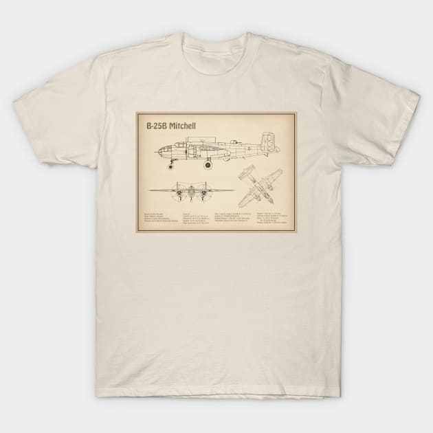 B-25B Mitchell Doolittle - Airplane Blueprint - SD T-Shirt by SPJE Illustration Photography